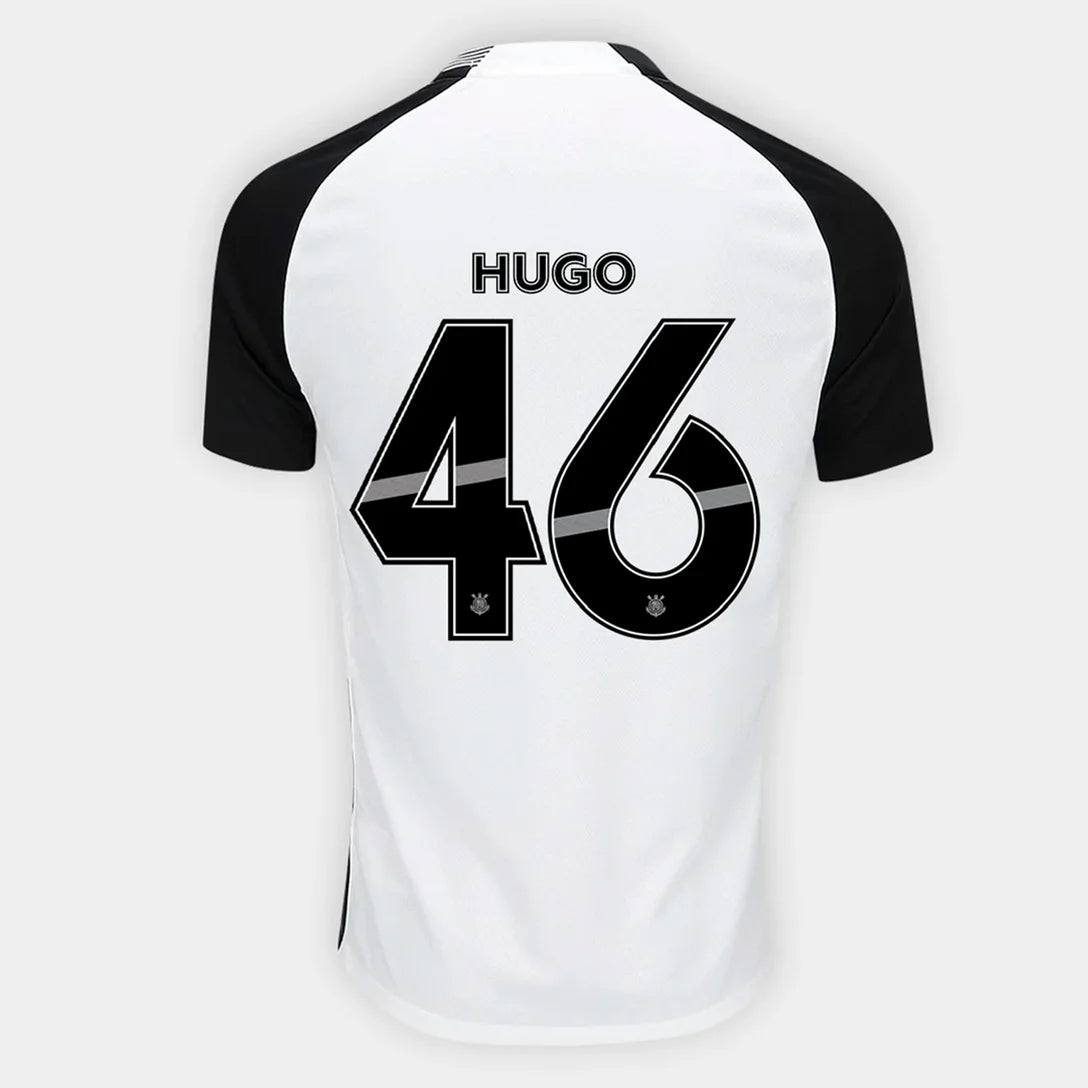 Camisa Corinthians I 25/26 Hugo N° 46 Torcedor NK Masculina - Branco+Preto